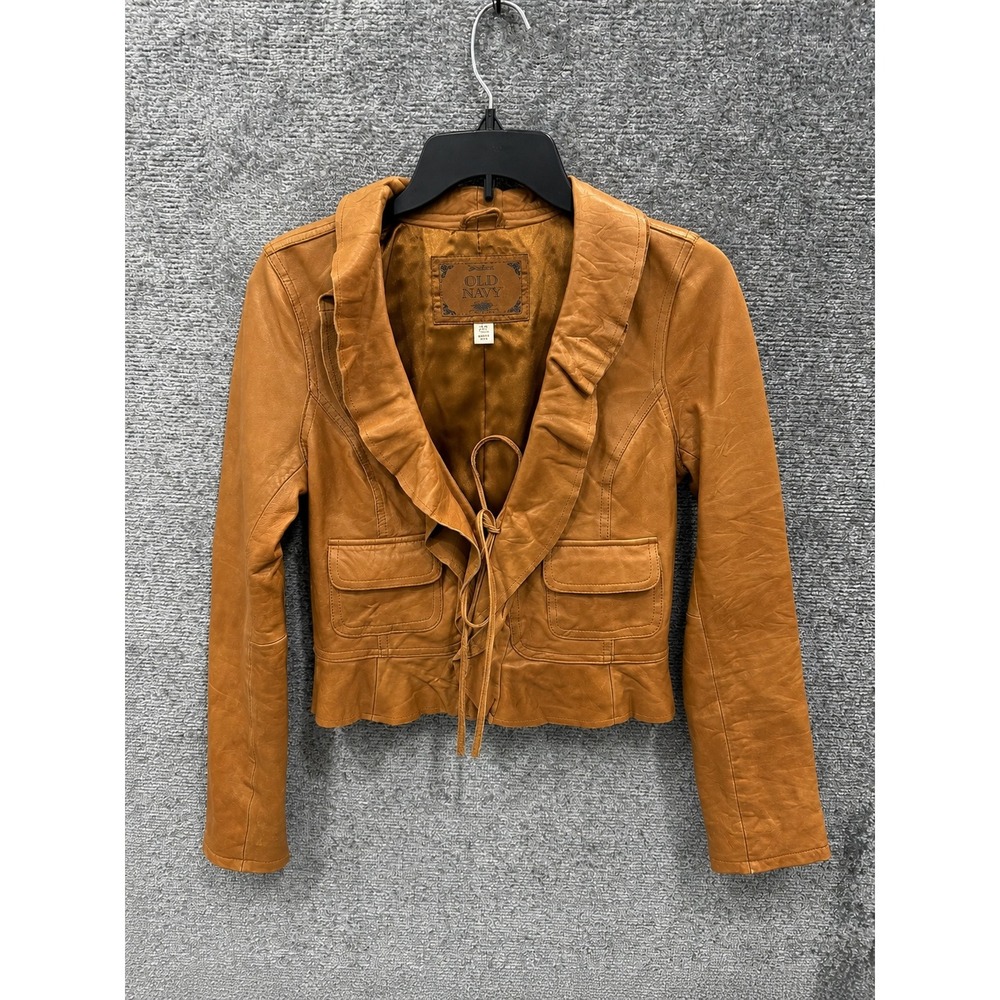 Vintage Old Navy Womens Jacket Small Tan Leather Ruffle Crop Tie Front Shawl